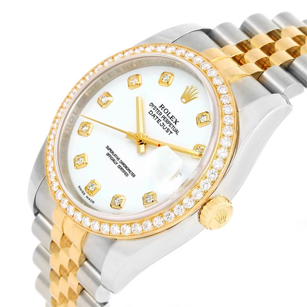 This image shows a Rolex Datejust 116243 Stainless Steel White Dial 116243 Stainless Steel White Dial watch from a side angle, highlighting the face, bezel, crown, and part of the bracelet.