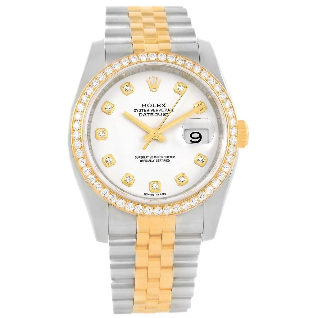 This image shows a frontal view of a Rolex Datejust 116243 Stainless Steel White Dial 116243 Stainless Steel White Dial watch, highlighting its dial, bezel, and two-tone bracelet.