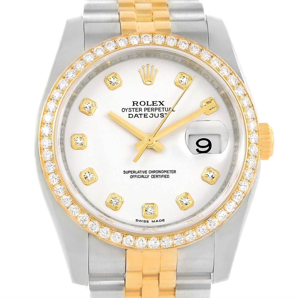 The image shows a frontal view of a Rolex Datejust 116243 Stainless Steel White Dial 116243 Stainless Steel White Dial watch, featuring a gold and silver band, diamond bezel, and white dial.