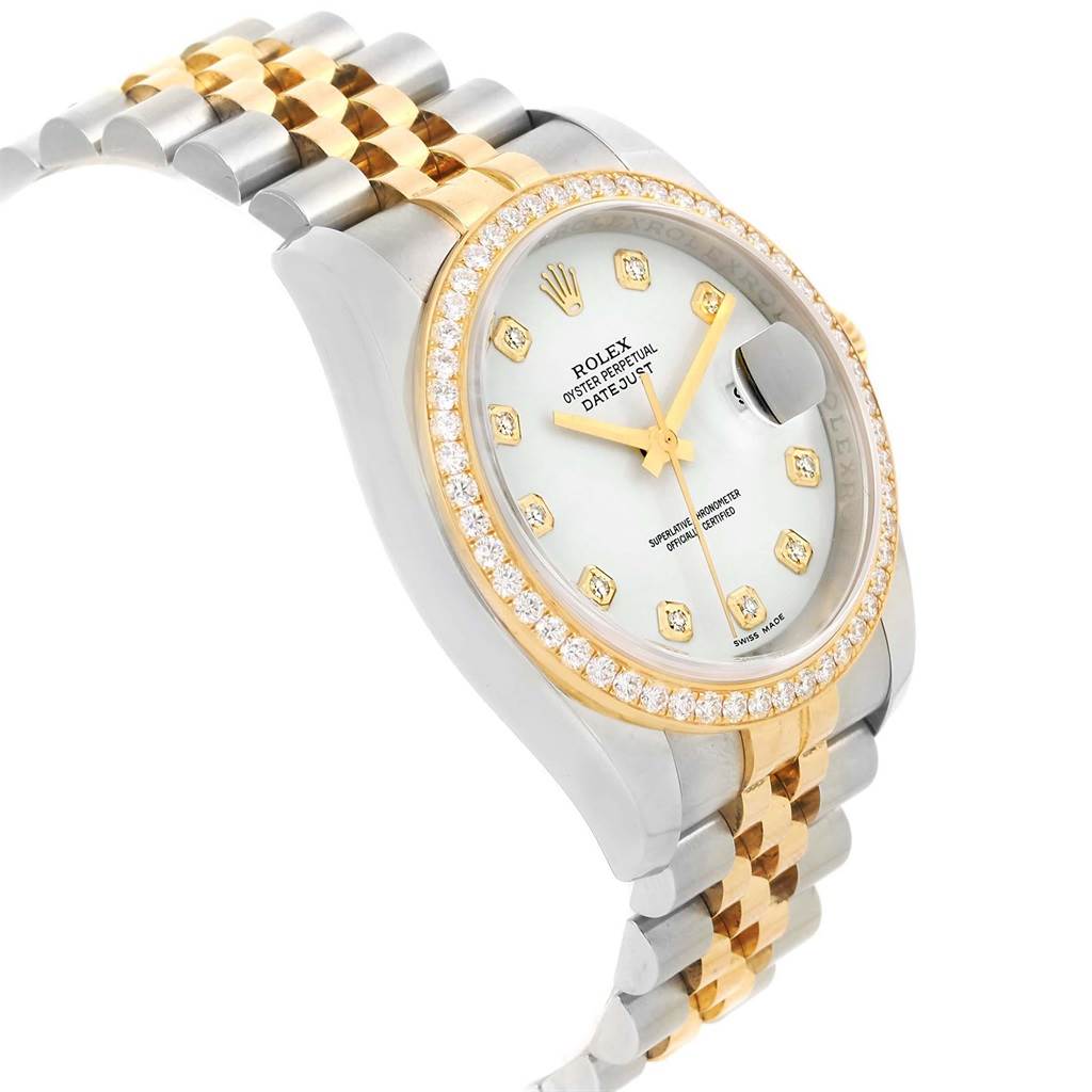 The image shows a Rolex Datejust 116243 Stainless Steel White Dial 116243 Stainless Steel White Dial watch at a three-quarter angle, highlighting the bracelet, bezel, dial, and hands.