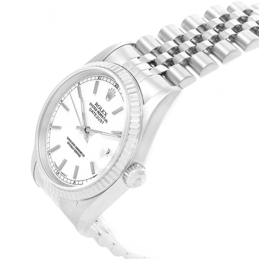 The image shows a side angle of a Rolex Datejust 16234 Men's Stainless Steel White Dial 16234 Men's Stainless Steel White Dial watch, highlighting the dial, bezel, crown, and part of the bracelet.