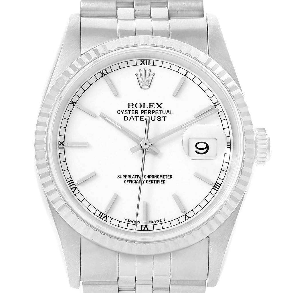 The image shows a front view of the Rolex Datejust 16234 Men's Stainless Steel White Dial 16234 Men's Stainless Steel White Dial watch, displaying its dial, bezel, crown, and bracelet.