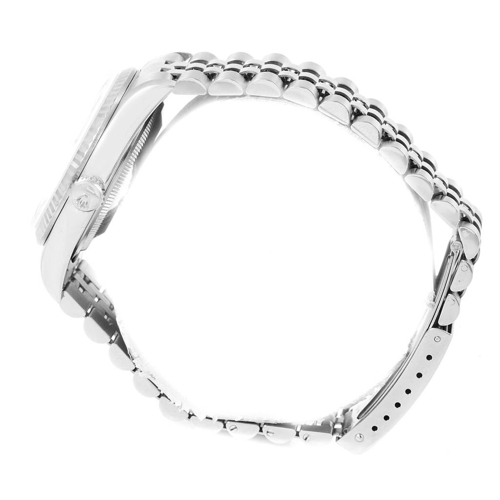 The image shows a side profile of the Rolex Datejust 16234 Men's Stainless Steel White Dial 16234 Men's Stainless Steel White Dial watch, highlighting the case, crown, and part of the bracelet.