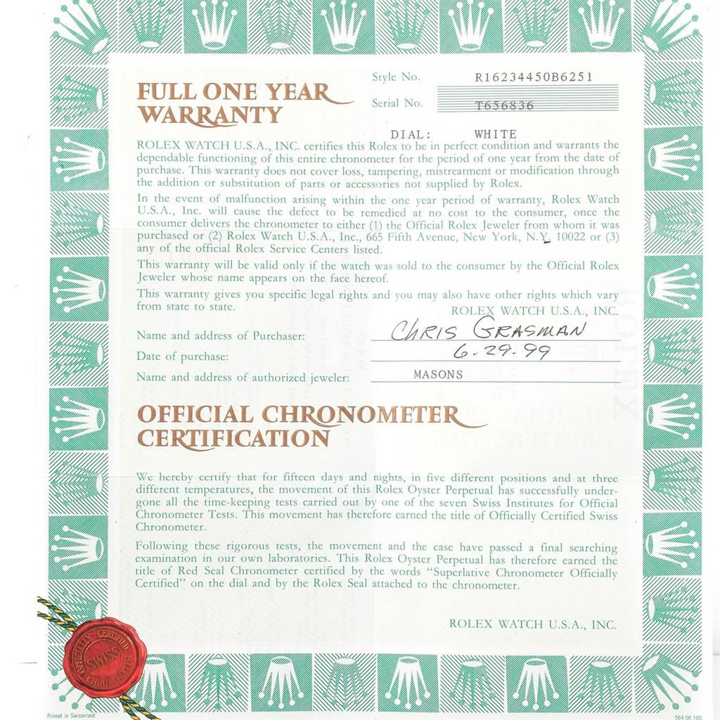 The image shows a Rolex Datejust 16234 Men's Stainless Steel White Dial 16234 Men's Stainless Steel White Dial model warranty and official chronometer certification document.