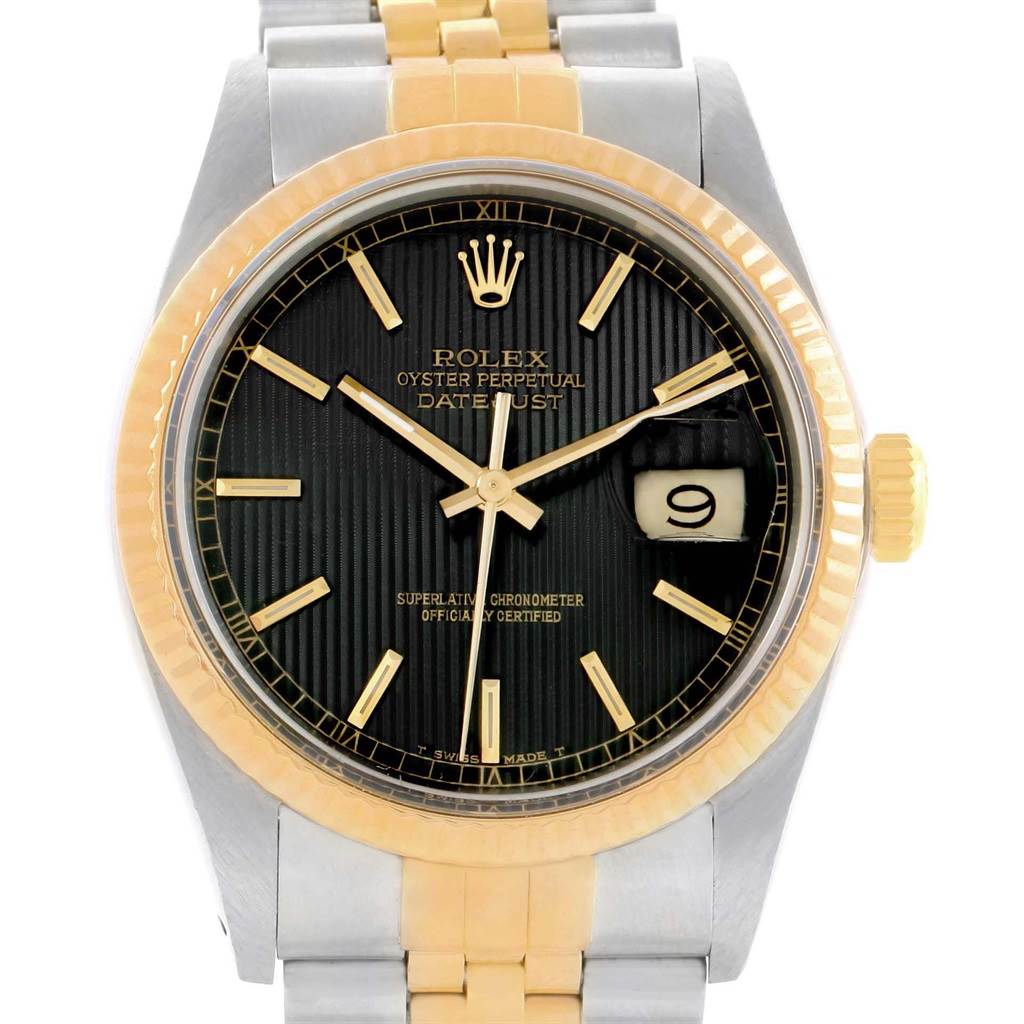 This Rolex Datejust 16233 Men's Steel and Gold (two tone) Black Dial 16233 Men's Steel and Gold (two tone) Black Dial watch is shown from a front-facing angle, displaying its black dial, gold markers, and two-tone bracelet.