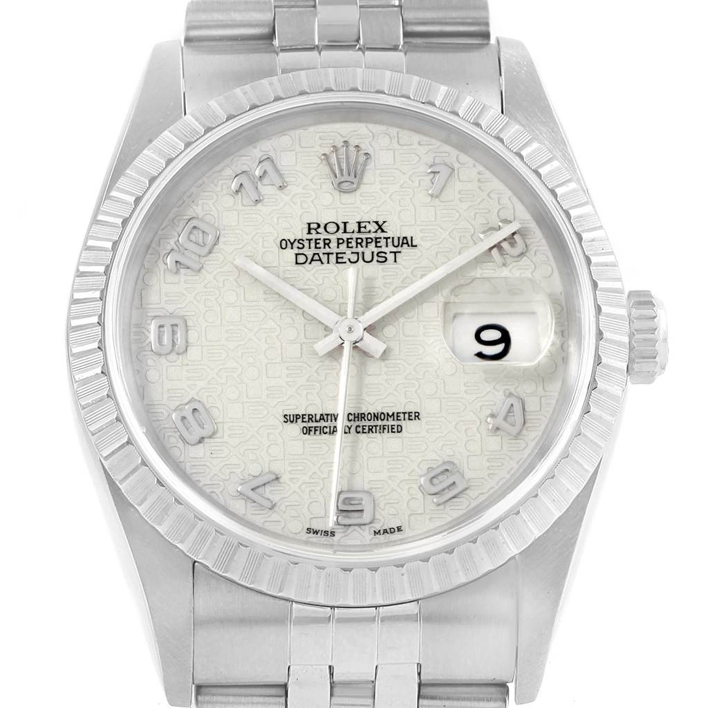 The Rolex Datejust 16220 Men's Stainless Steel Silver Dial 16220 Men's Stainless Steel Silver Dial watch is shown from a front angle, displaying its dial, bezel, case, and part of the bracelet.