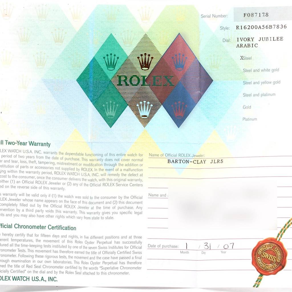 The image shows warranty paperwork for a Rolex Datejust 16200 Men's Stainless Steel Silver Dial 16200 Men's Stainless Steel Silver Dial model, including purchase date and official chronometer certification.