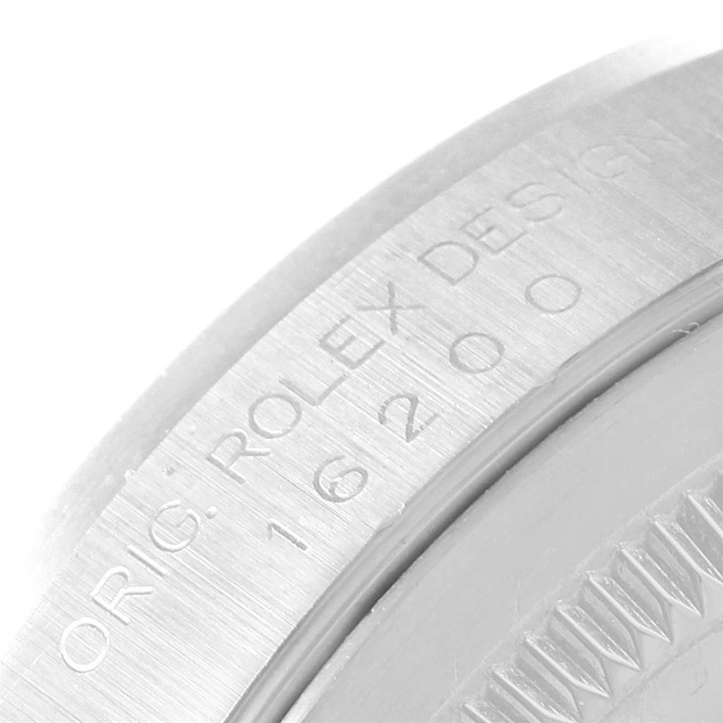 This image shows a close-up of the side engraving on the case of a Rolex Datejust 16200 Men's Stainless Steel Silver Dial 16200 Men's Stainless Steel Silver Dial watch.