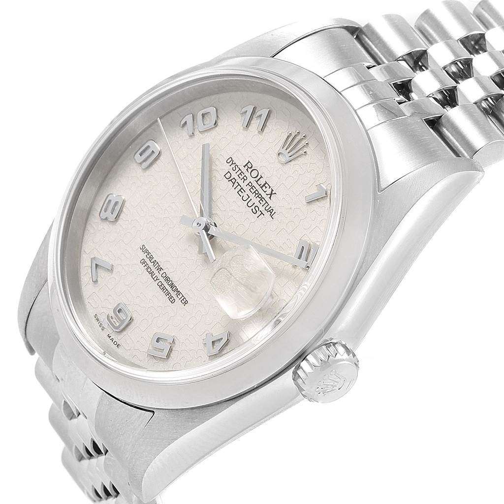 This image shows a close-up angled view of the Rolex Datejust 16200 Men's Stainless Steel Silver Dial 16200 Men's Stainless Steel Silver Dial model, highlighting the face, crown, and part of the bracelet.