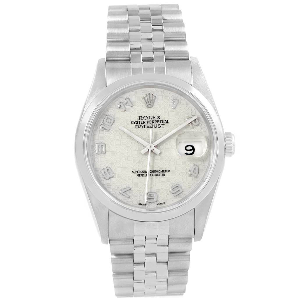 This image shows the front view of a Rolex Datejust 16200 Men's Stainless Steel Silver Dial 16200 Men's Stainless Steel Silver Dial watch, displaying its dial, hands, date window, and bracelet.