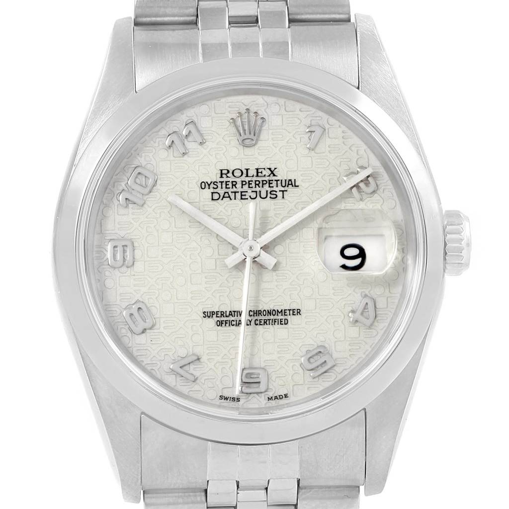This image shows a frontal view of the Rolex Datejust 16200 Men's Stainless Steel Silver Dial 16200 Men's Stainless Steel Silver Dial watch, highlighting the dial, hour markers, hands, and date window.