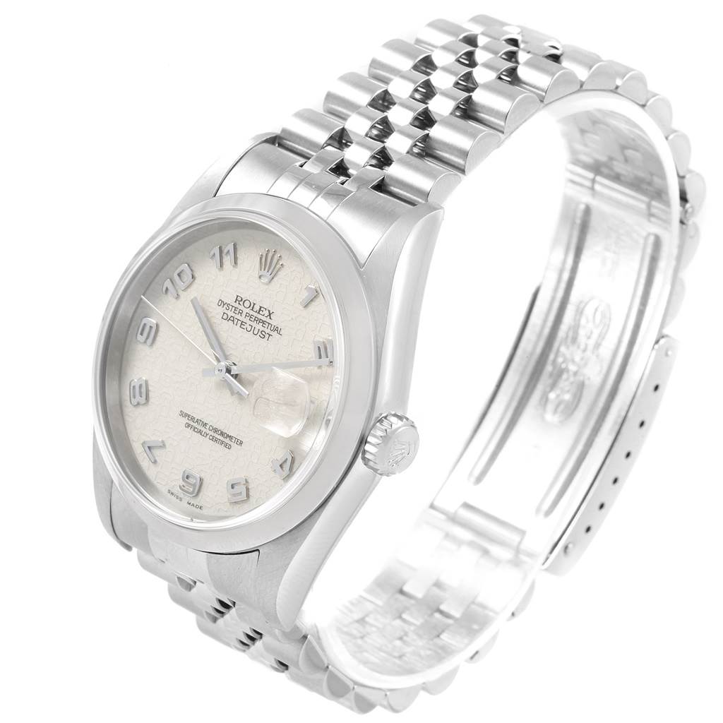 The image shows a side angle of the Rolex Datejust 16200 Men's Stainless Steel Silver Dial 16200 Men's Stainless Steel Silver Dial watch, highlighting its face, bezel, crown, and bracelet.