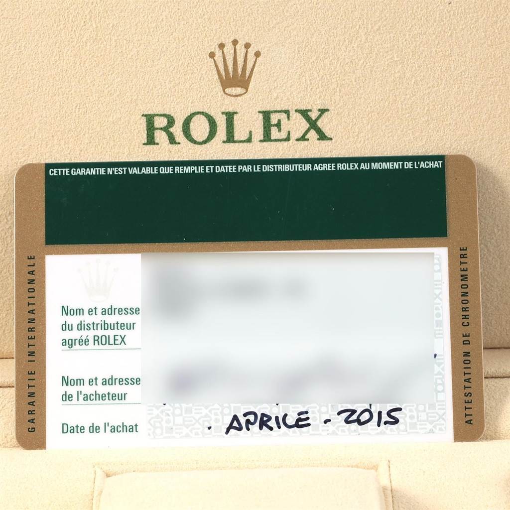 This image shows the warranty card for the Rolex Datejust 116243 Stainless Steel Silver Dial 116243 Stainless Steel Silver Dial, focusing on purchase details and dealer information.