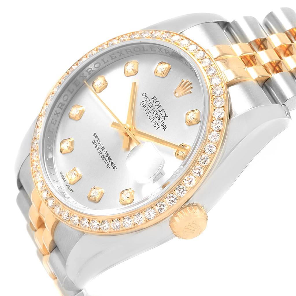 The Rolex Datejust 116243 Stainless Steel Silver Dial 116243 Stainless Steel Silver Dial watch is shown at an angle focusing on the bezel, dial, crown, and part of the bracelet.