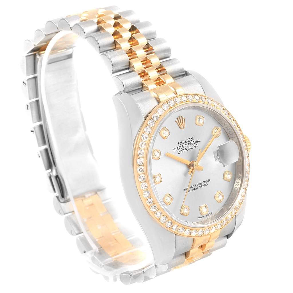 The image shows a Rolex Datejust 116243 Stainless Steel Silver Dial 116243 Stainless Steel Silver Dial watch at an angled view, highlighting its face, bracelet, and diamond-studded bezel.
