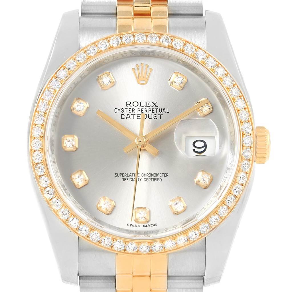 The image shows a frontal view of a Rolex Datejust 116243 Stainless Steel Silver Dial 116243 Stainless Steel Silver Dial watch with a silver dial, diamond hour markers, and a two-tone metal bracelet.