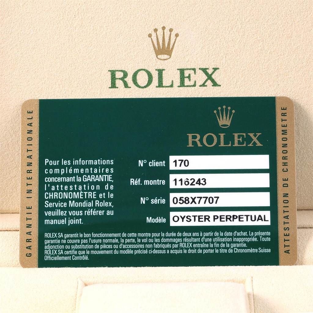 The image shows the warranty card for a Rolex Datejust 116243 Stainless Steel Silver Dial 116243 Stainless Steel Silver Dial watch with model information.