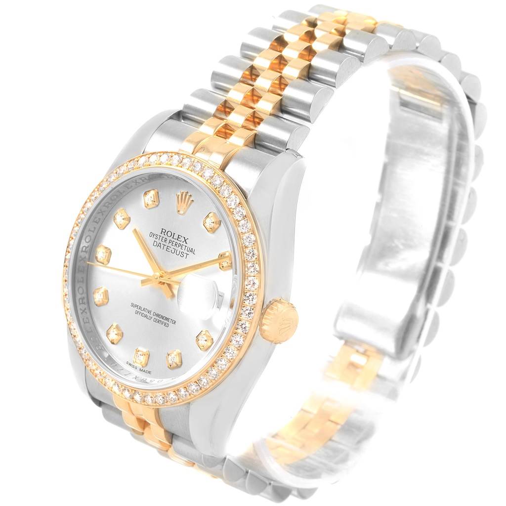 The image shows a Rolex Datejust 116243 Stainless Steel Silver Dial 116243 Stainless Steel Silver Dial watch from an angled side view, highlighting its dial, bezel, crown, and bracelet.