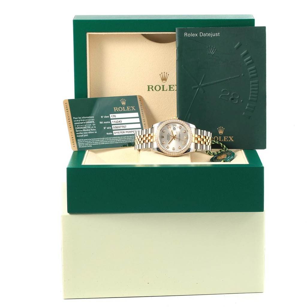 The image shows a Rolex Datejust 116243 Stainless Steel Silver Dial 116243 Stainless Steel Silver Dial watch with its accessories, including a guarantee card and booklet, from a frontal angle.