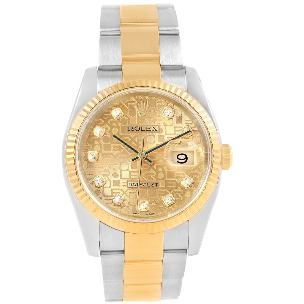 The image shows a Rolex Datejust 116233 Men's Stainless Steel Champagne Dial 116233 Men's Stainless Steel Champagne Dial watch from a front angle, highlighting its gold and silver bracelet, gold dial, and date display.