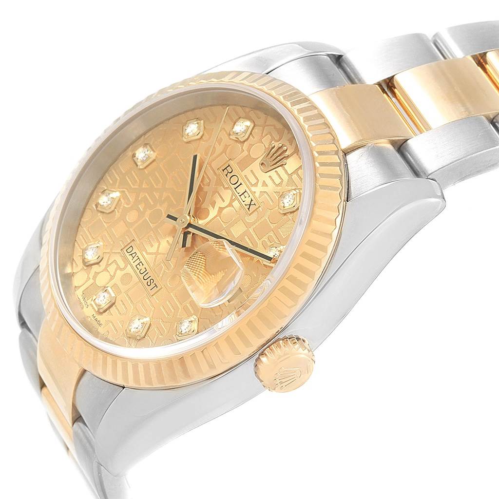 The image shows a close-up view of the Rolex Datejust 116233 Men's Stainless Steel Champagne Dial 116233 Men's Stainless Steel Champagne Dial watch displaying the dial, bezel, crown, and part of the bracelet from an angled side perspective.