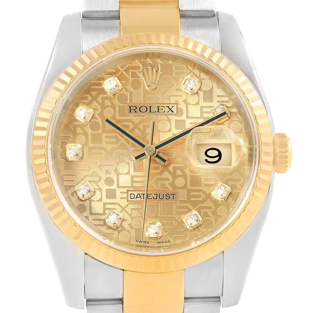 This image shows the dial, bezel, and part of the bracelet of a Rolex Datejust 116233 Men's Stainless Steel Champagne Dial 116233 Men's Stainless Steel Champagne Dial watch, featuring a gold dial and date display.