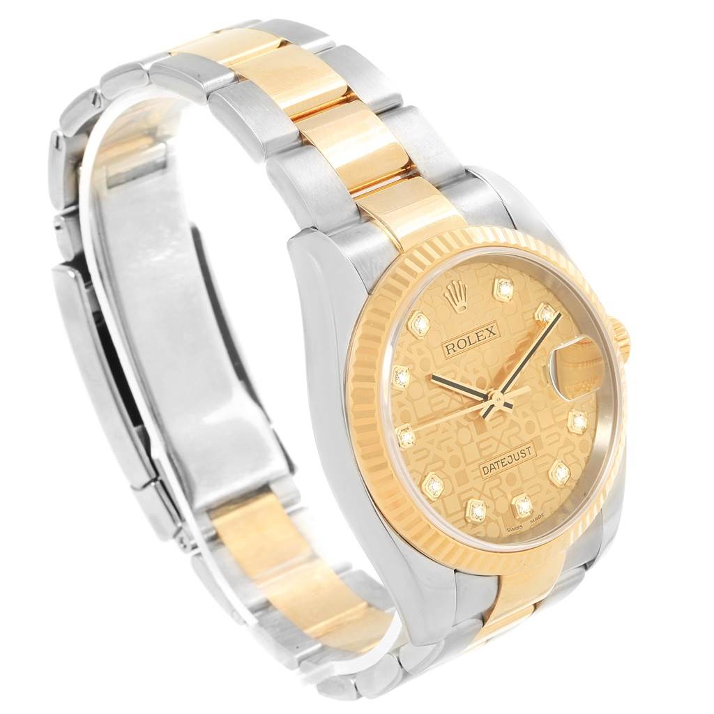 The image shows a Rolex Datejust 116233 Men's Stainless Steel Champagne Dial 116233 Men's Stainless Steel Champagne Dial watch from an angled view, highlighting its gold and silver bracelet and the detailed face.