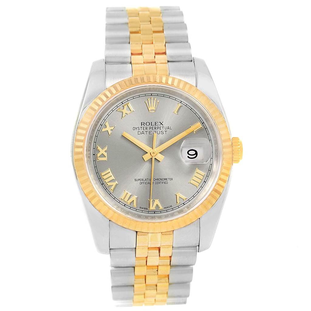 This image shows a front view of a Rolex Datejust 116233 Men's Stainless Steel Silver Dial 116233 Men's Stainless Steel Silver Dial watch, featuring its gold-silver bezel, face, and two-tone bracelet.
