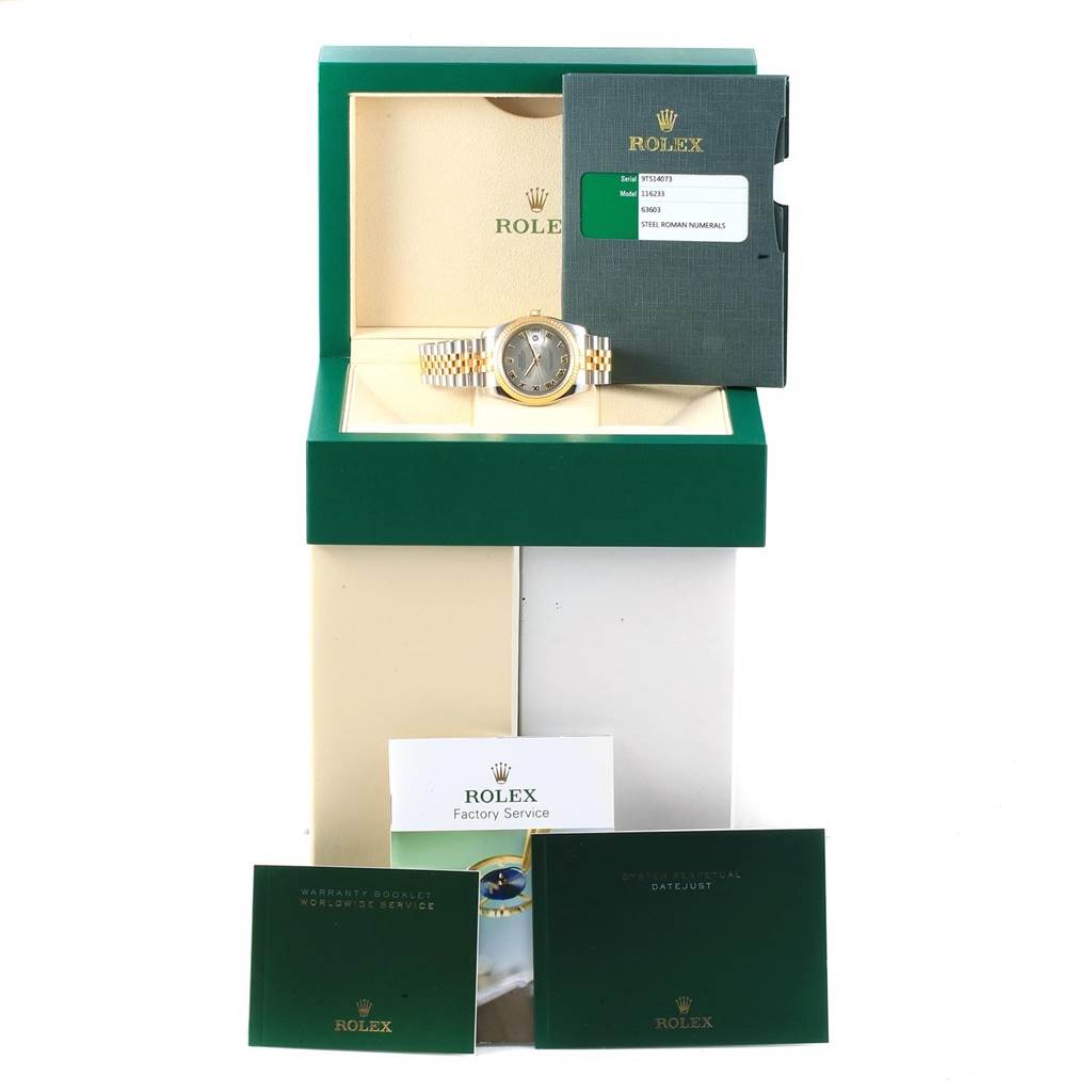 The image shows a Rolex Datejust 116233 Men's Stainless Steel Silver Dial 116233 Men's Stainless Steel Silver Dial watch with its box, warranty booklet, and other accessories from a front angle.