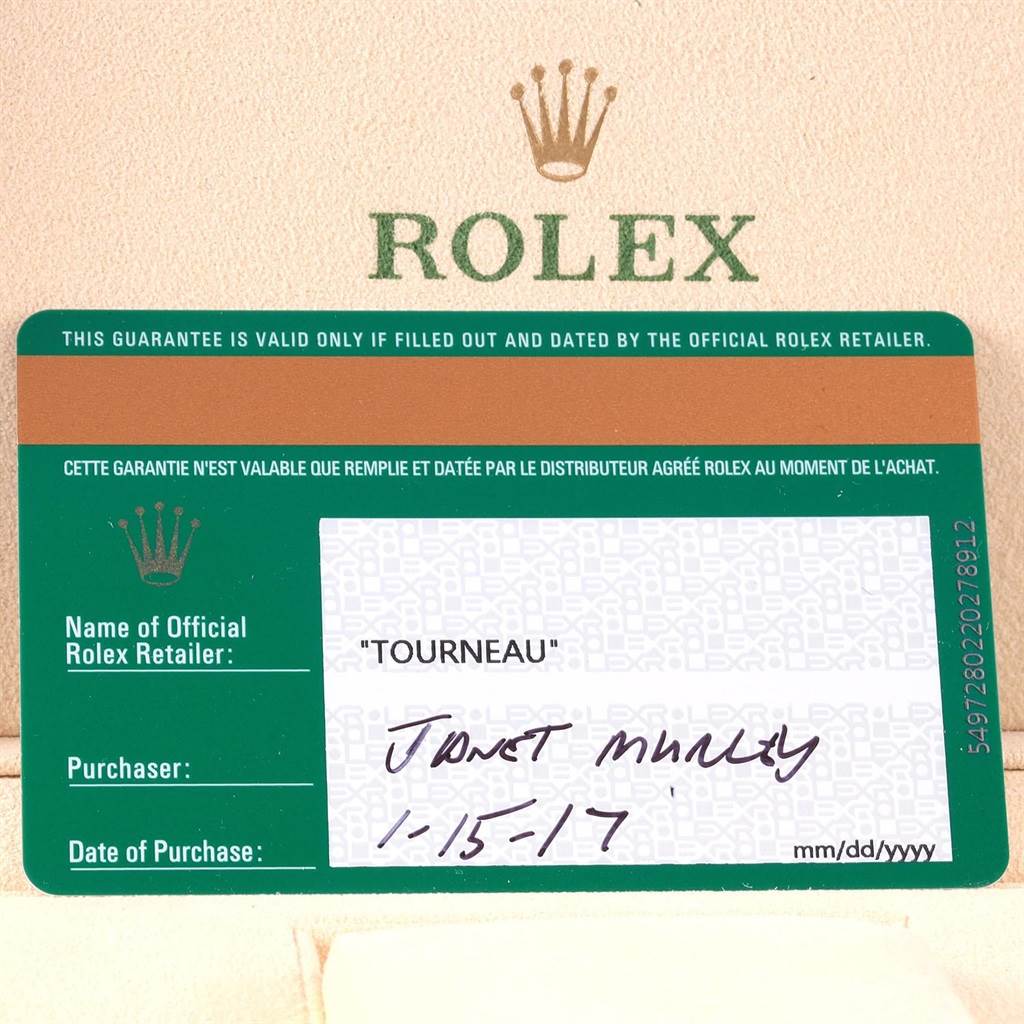 The image shows a guarantee card for a Rolex Datejust 116233 Men's Stainless Steel Silver Dial 116233 Men's Stainless Steel Silver Dial, highlighting the retailer, purchaser, and date of purchase.