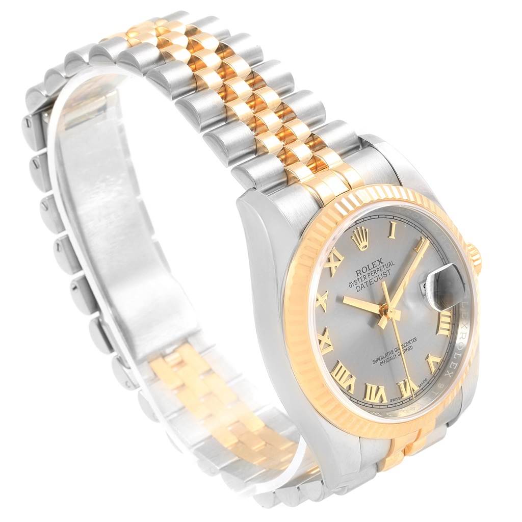The image shows a Rolex Datejust 116233 Men's Stainless Steel Silver Dial 116233 Men's Stainless Steel Silver Dial watch angled to display its gold and silver bracelet, bezel, and face with Roman numeral markers.