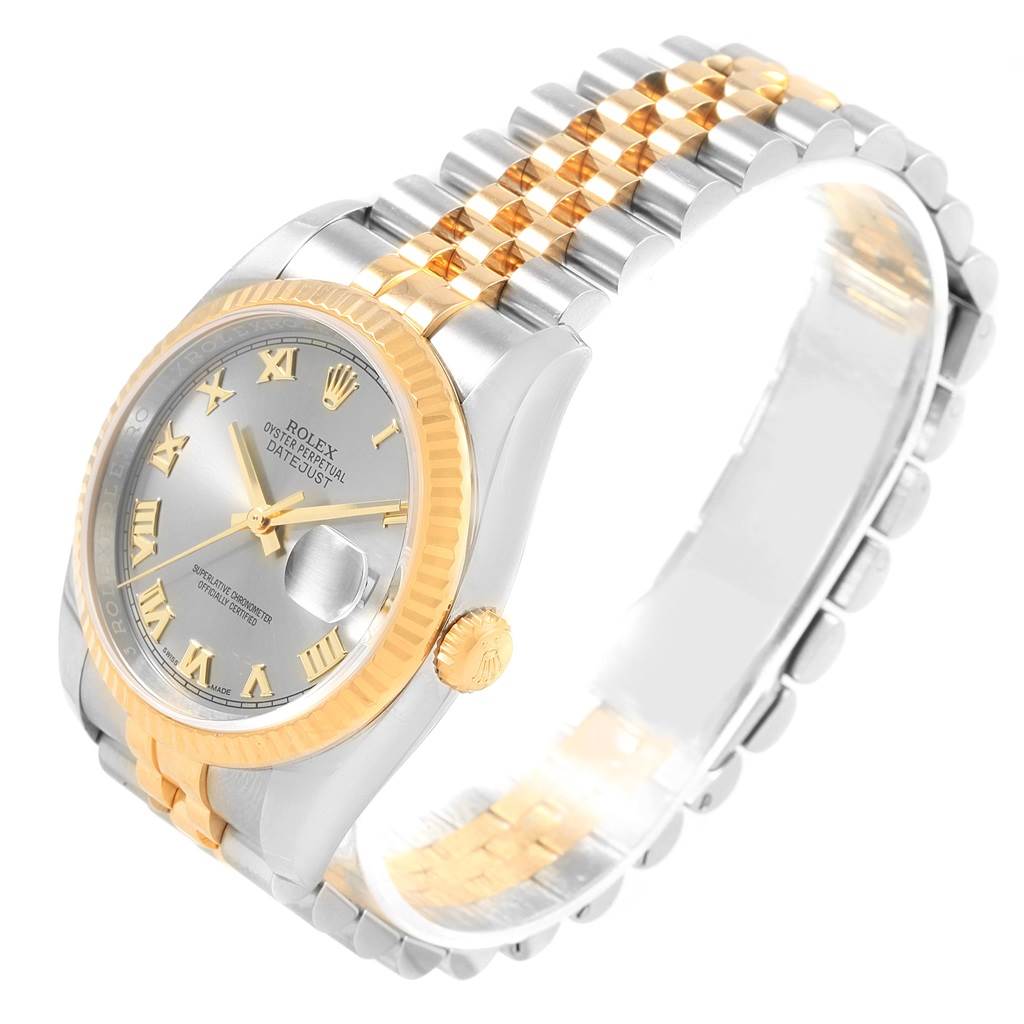 This Rolex Datejust 116233 Men's Stainless Steel Silver Dial 116233 Men's Stainless Steel Silver Dial watch is shown at an oblique angle, highlighting the face, bezel, crown, and part of the Jubilee bracelet.