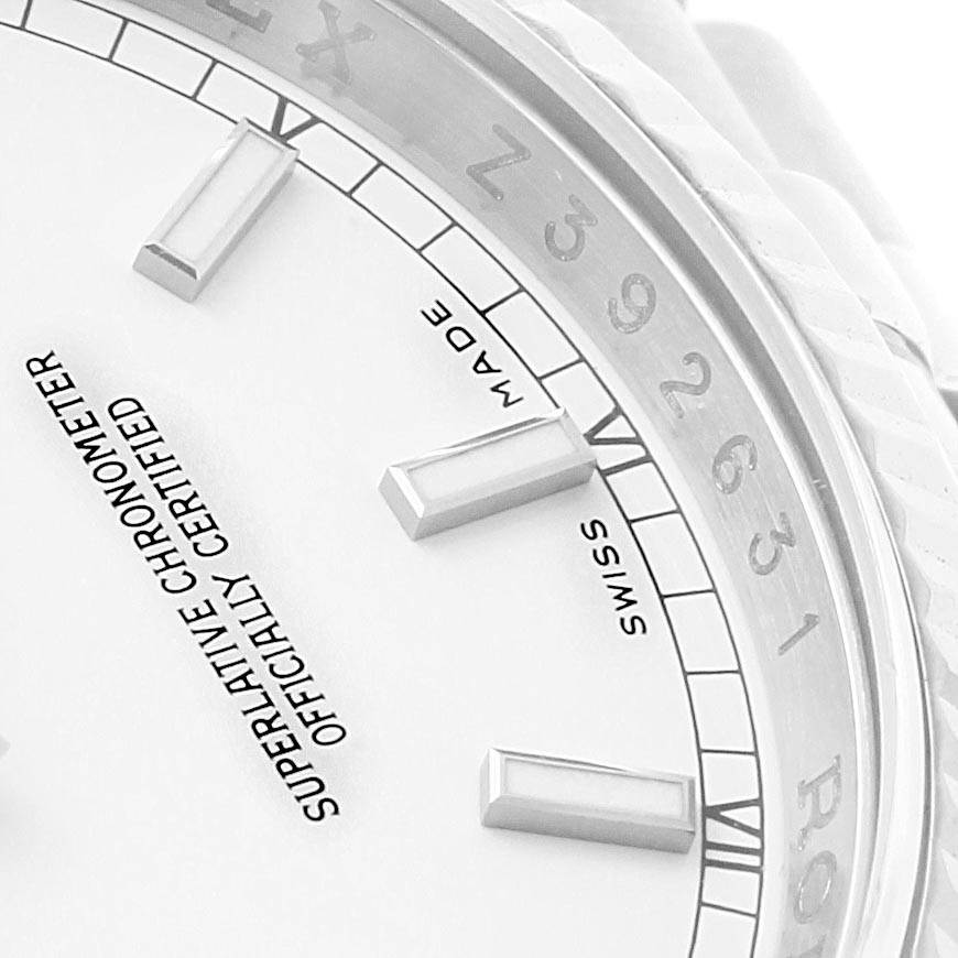 This close-up angle shows the dial, markers, and partially the bezel of a Rolex Datejust 116234 Men's Stainless Steel White Dial 116234 Men's Stainless Steel White Dial watch.