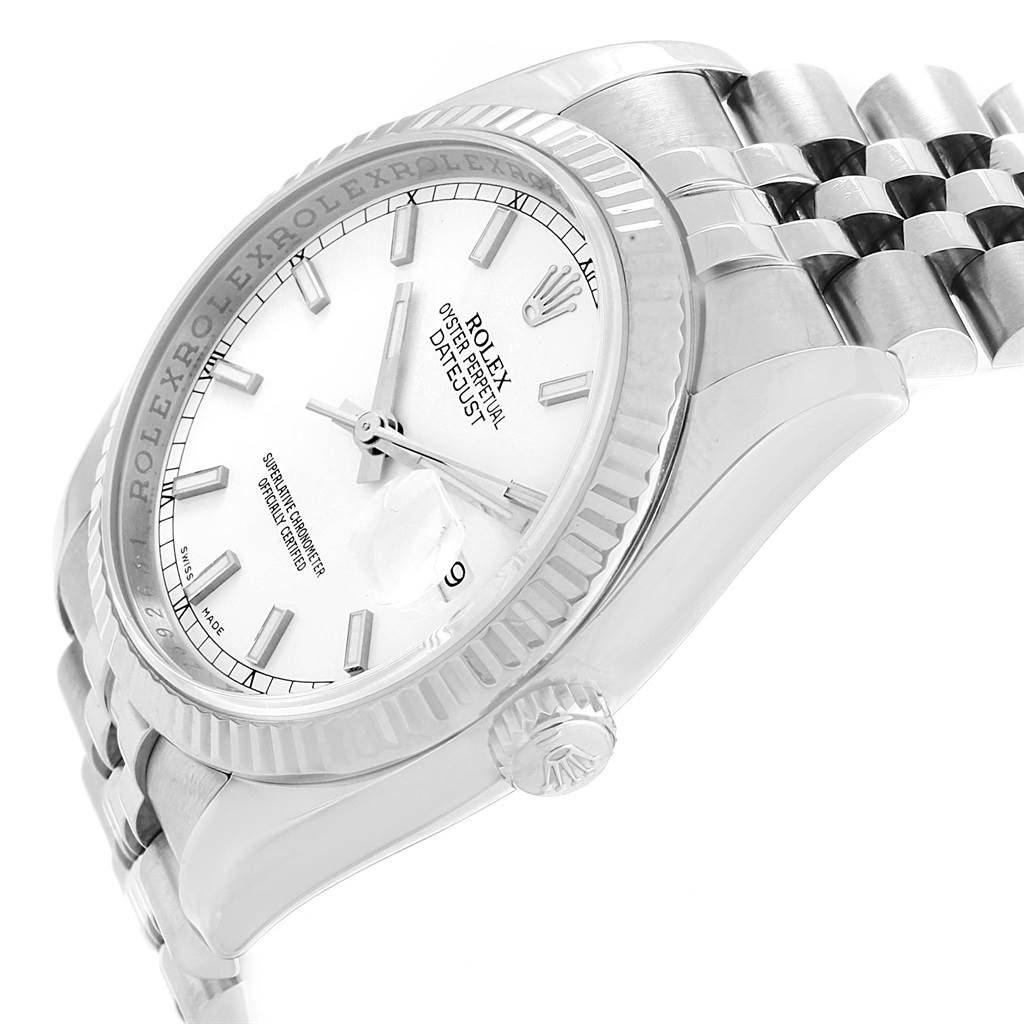 The image shows a side angle of the Rolex Datejust 116234 Men's Stainless Steel White Dial 116234 Men's Stainless Steel White Dial, highlighting its dial, fluted bezel, and part of the bracelet.