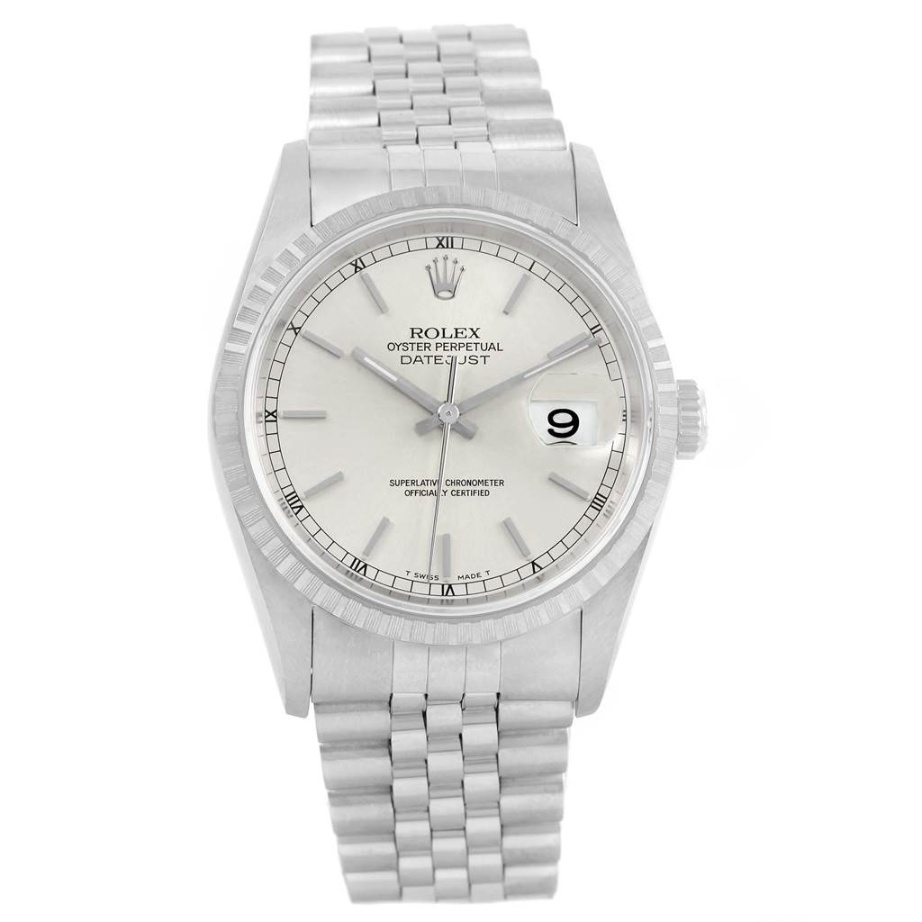 This image shows a front view of a Rolex Datejust 16220 Men's Stainless Steel Silver Dial 16220 Men's Stainless Steel Silver Dial watch, displaying the dial, hands, bezel, and bracelet.