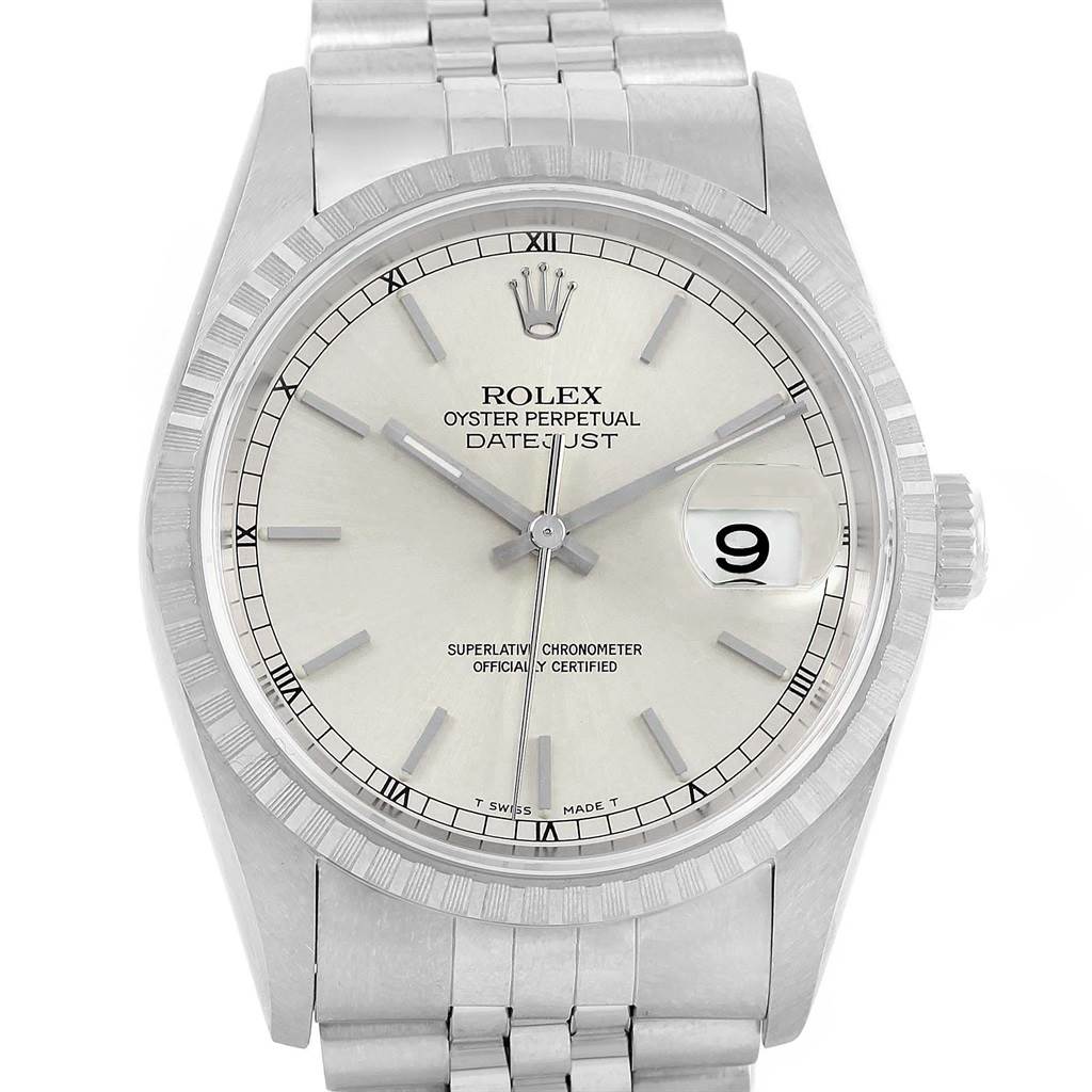 The image shows a Rolex Datejust 16220 Men's Stainless Steel Silver Dial 16220 Men's Stainless Steel Silver Dial watch with a close-up view of its face, bezel, and part of the bracelet.