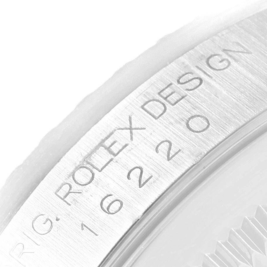 The image shows a close-up of the bezel and edge of the dial of a Rolex Datejust 16220 Men's Stainless Steel Silver Dial 16220 Men's Stainless Steel Silver Dial model.
