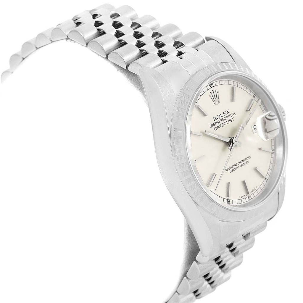 The Rolex Datejust 16220 Men's Stainless Steel Silver Dial 16220 Men's Stainless Steel Silver Dial watch is shown at an oblique angle, highlighting the face and part of the bracelet.