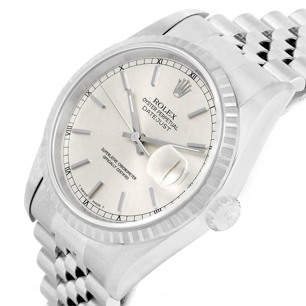 This image shows the dial, bracelet, and crown of a Rolex Datejust 16220 Men's Stainless Steel Silver Dial 16220 Men's Stainless Steel Silver Dial watch, viewed from an angled perspective.