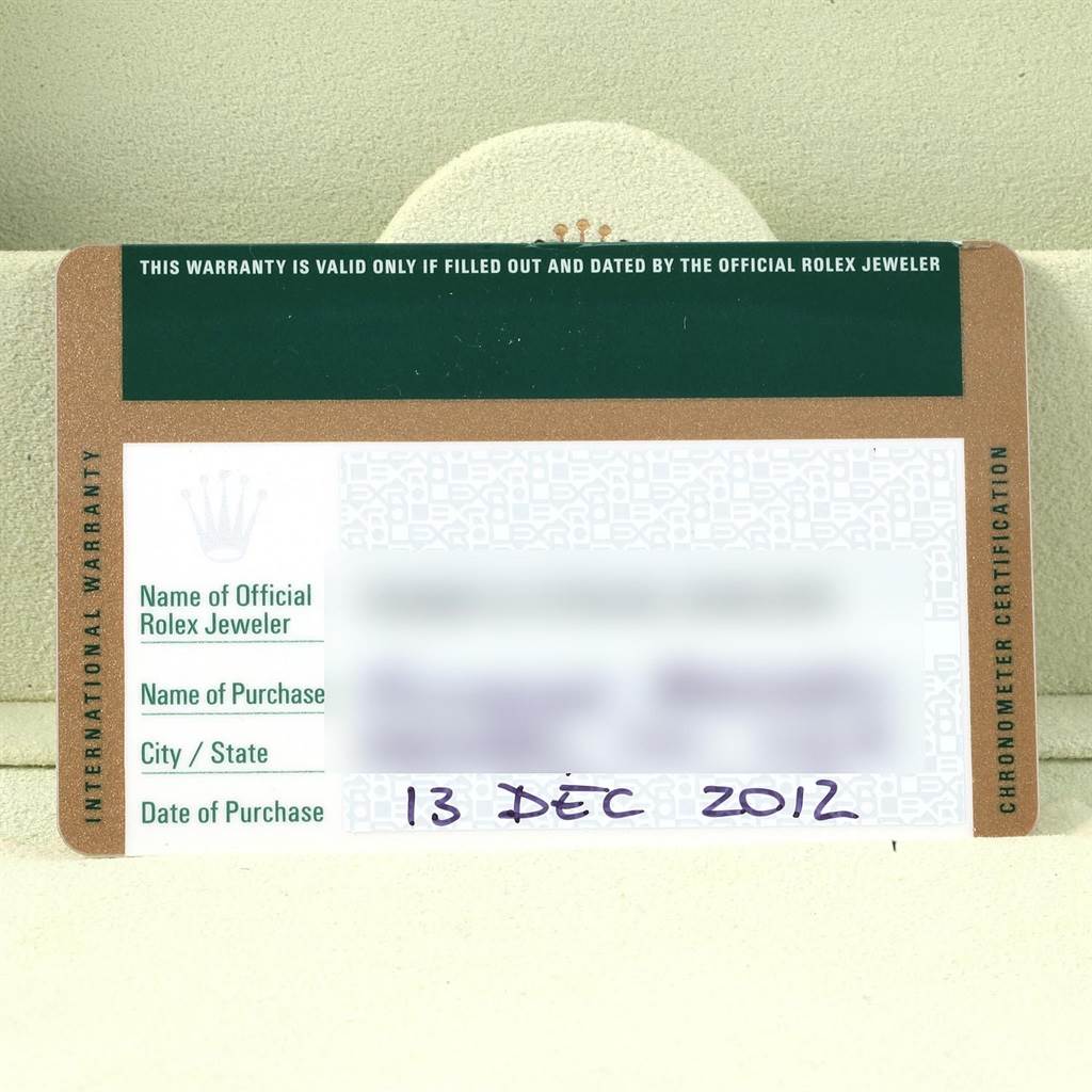 The image shows the international warranty card for a Rolex Datejust 116200 Men's Stainless Steel Blue Dial 116200 Men's Stainless Steel Blue Dial watch.