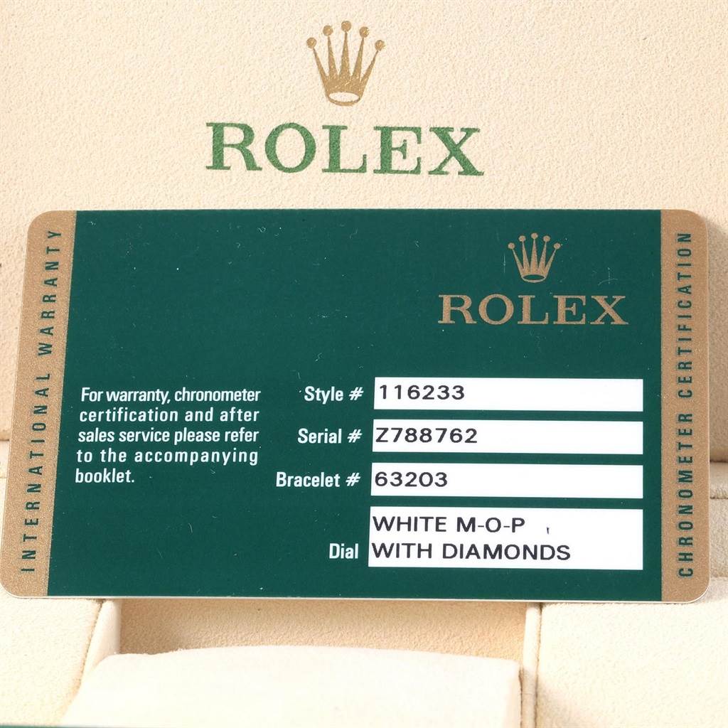 The image shows a warranty card for a Rolex Datejust 116233 Men's Stainless Steel Mother of Pearl Dial 116233 Men's Stainless Steel Mother of Pearl Dial watch model, listing style, serial, bracelet, and dial details.