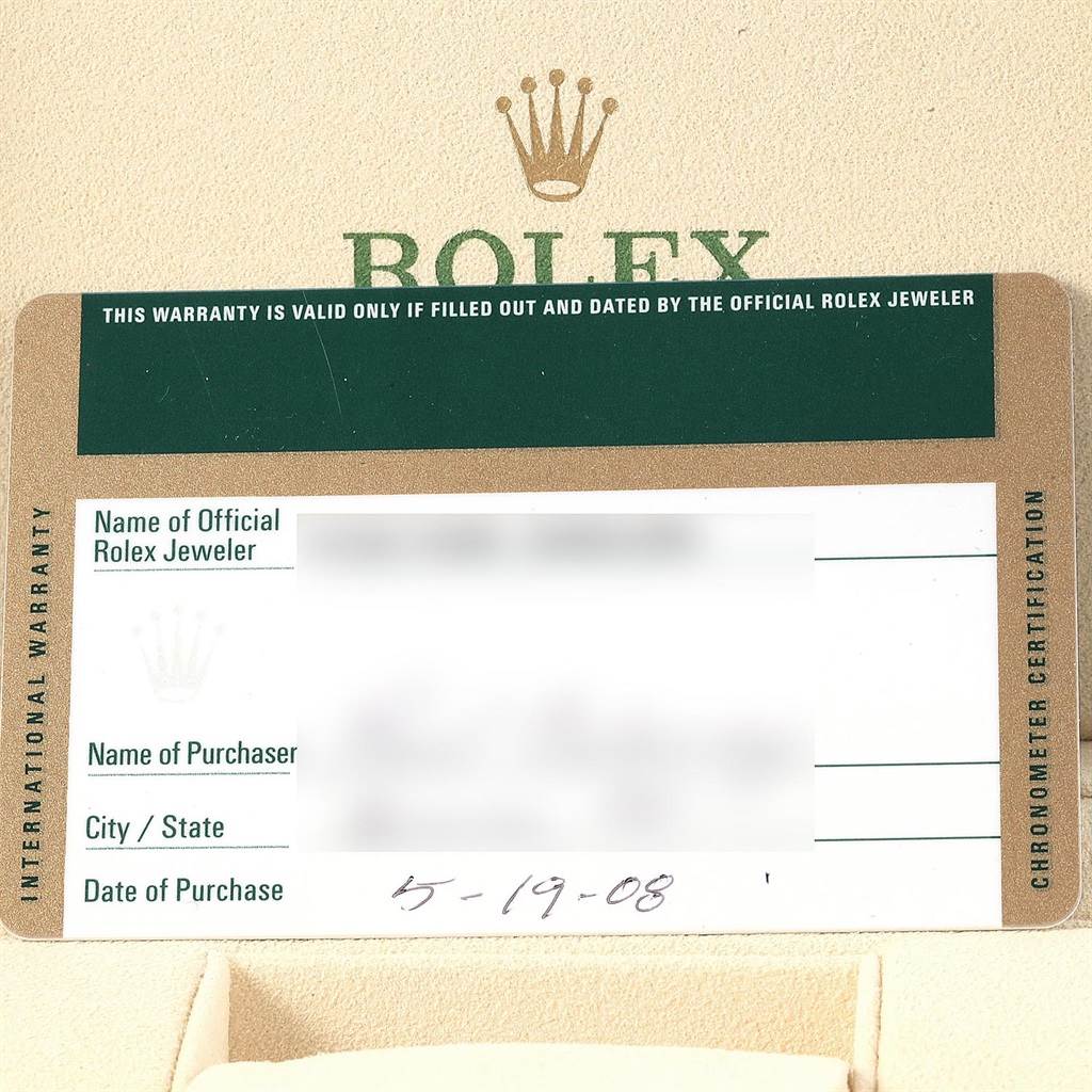 The image shows a warranty card for a Rolex Datejust 116233 Men's Stainless Steel Mother of Pearl Dial 116233 Men's Stainless Steel Mother of Pearl Dial watch.