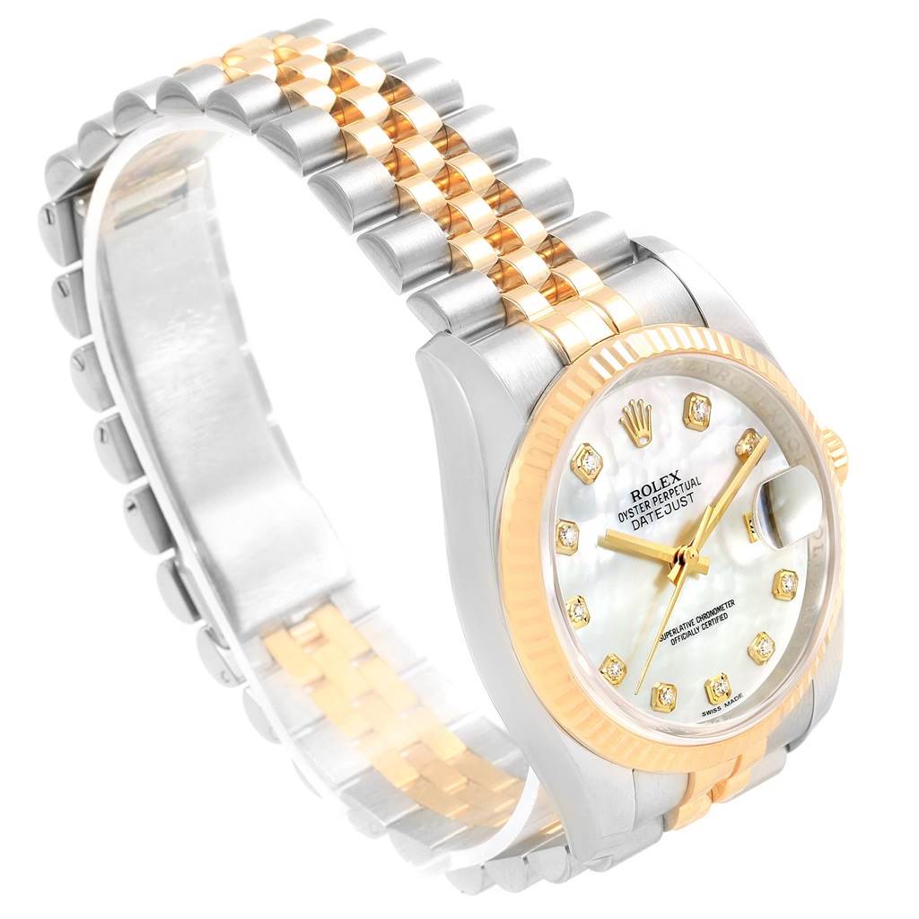 The Rolex Datejust 116233 Men's Stainless Steel Mother of Pearl Dial 116233 Men's Stainless Steel Mother of Pearl Dial watch is shown at a three-quarter angle, highlighting its two-tone bracelet, fluted bezel, and diamond hour markers.
