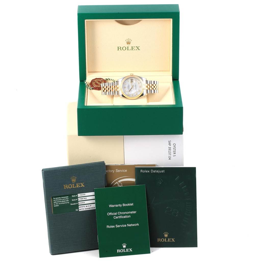 The image shows a Rolex Datejust 116233 Men's Stainless Steel Mother of Pearl Dial 116233 Men's Stainless Steel Mother of Pearl Dial watch in its box, along with the Warranty Booklet, Official Chronometer Certification, and other documents.