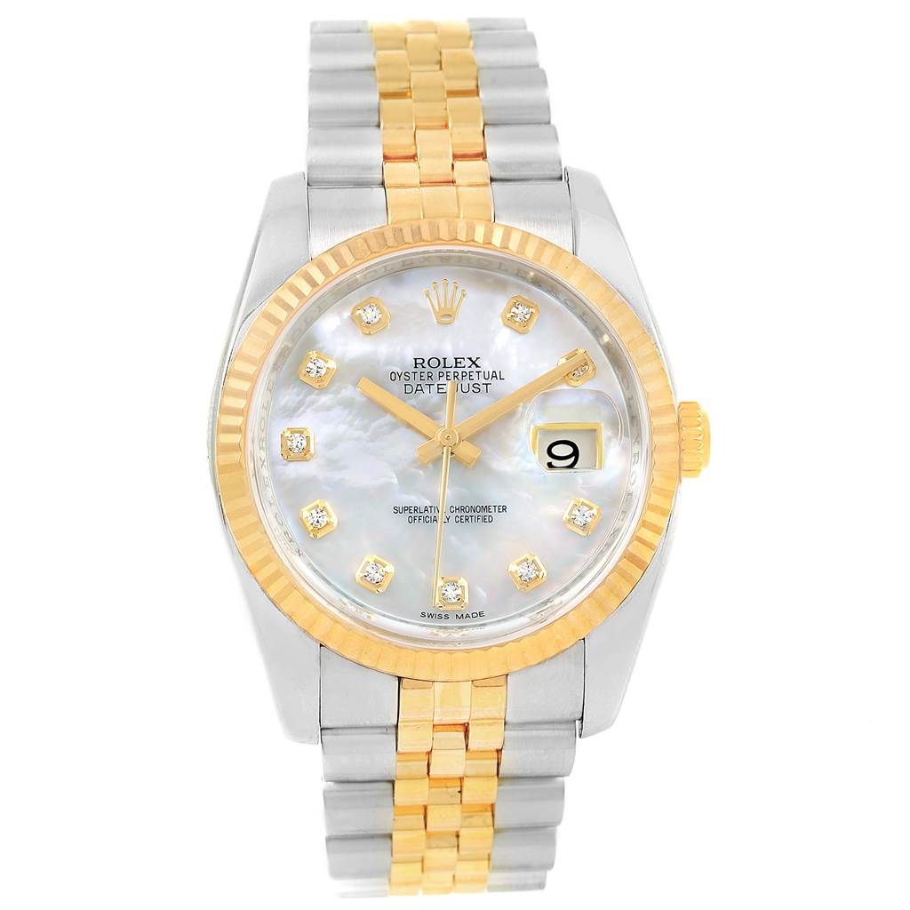This image shows a Rolex Datejust 116233 Men's Stainless Steel Mother of Pearl Dial 116233 Men's Stainless Steel Mother of Pearl Dial watch from the front, highlighting the dial, bezel, and bracelet.