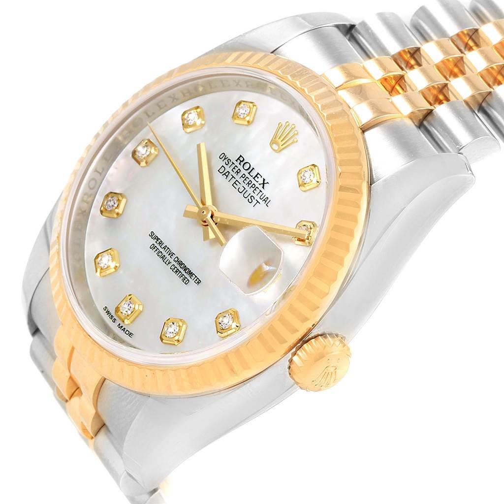 This image shows a close-up of a Rolex Datejust 116233 Men's Stainless Steel Mother of Pearl Dial 116233 Men's Stainless Steel Mother of Pearl Dial watch focusing on the dial, bezel, and part of the bracelet.
