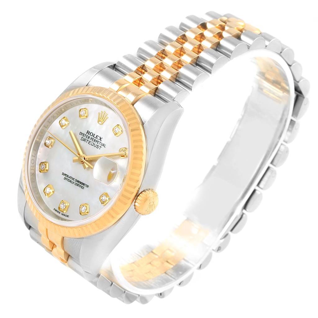 The image shows a Rolex Datejust 116233 Men's Stainless Steel Mother of Pearl Dial 116233 Men's Stainless Steel Mother of Pearl Dial watch at a tilted angle, displaying its dial, fluted bezel, and two-tone bracelet.
