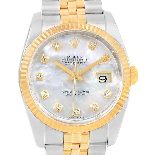 Photo of Rolex Datejust 36 Steel Yellow Gold MOP Diamond Watch 116233 Box Card