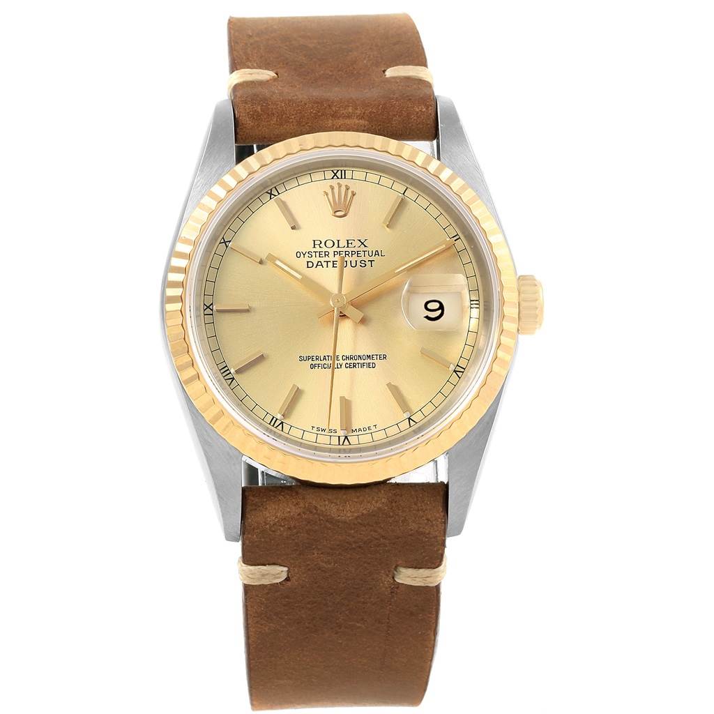Rolex Datejust Steel Yellow Gold Brown Strap Mens Watch 16233 ...