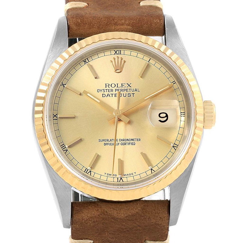 Rolex Datejust Steel Yellow Gold Brown Strap Mens Watch 16233 SwissWatchExpo